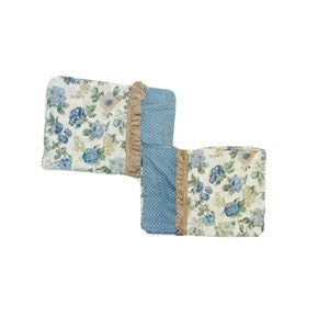 Vintage Custom Handmade Curtains Drapes Panels 1970s Cottage Floral Blue Ruffle Country Shabby Chic Print Pattern Border Trim Window Retro