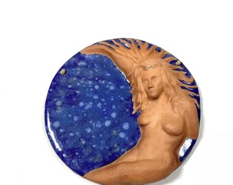 Paul Verhoeven Rare Signed Wall Art Pottery Woman Sculpture Lunar Moon Celestial Blue 1994 Vintage 90s Terracotta Plate Sculpted Horoscopes