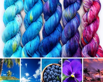 Fil teint à la main - Lot de 5 écheveaux - Vous rêvez de... lot 1, dégradé de bleu à rose - à base de coton Pima ou de mérinos/nylon.