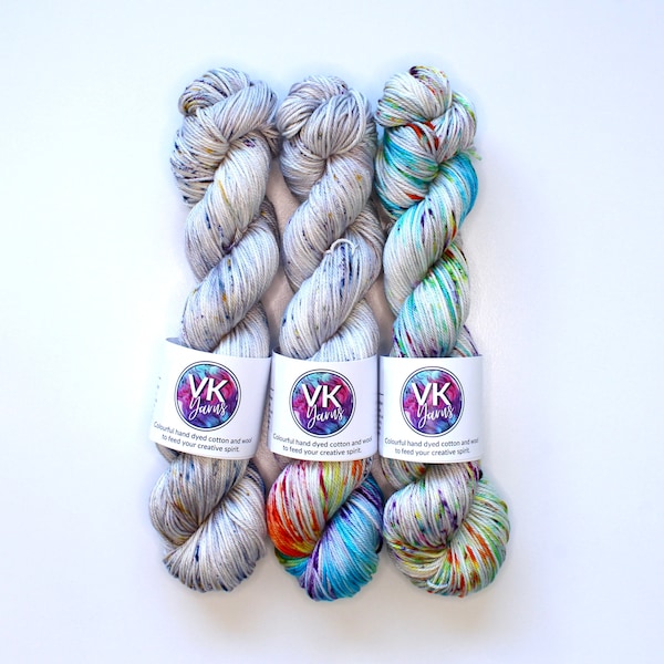 Hand Dyed Yarn - Dancing Rainbows Cowl Kit - Set of 3 skeins & Crochet Pattern - on Pima Cotton or Merino/Nylon bases.