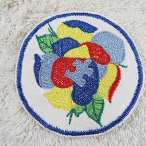 May include: Circular white embroidered patch with a blue border. The patch showcases a vibrant floral design with red, yellow, blue, and green embroidered details. The design includes shapes resembling fruits and leaves.