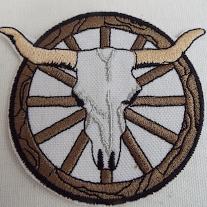 Western Wagon Wheel Longhorn Steer Skull Embroidered Iron On Patch