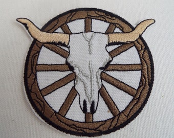 Patch fer à repasser brodé crâne de boeuf Longhorn Western Wagon Wheel