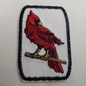 Puede incluir: Un pájaro cardenal rojo posado en una rama, bordado en un parche blanco con un borde negro.