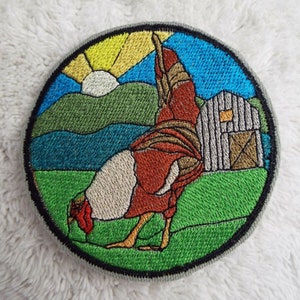 Stained Glass Rooster Barnyard Sunrise Embroidery Iron-on Patch