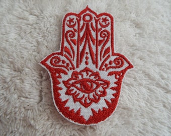 Red Hamsa Hand Embroidered Iron On Patch