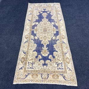 3x8 ft Runner rug, Vintage runner rug, Handmade runner rug, Hallway rug, Turkish runner rug, Blue the beige runner rug.