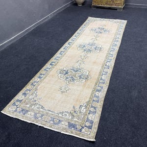 3x10 ft Runner rug, Vintage runner rug, Handmade runner rug, Hallway rug, Turkish runner rug, Beige and blue runner rug.