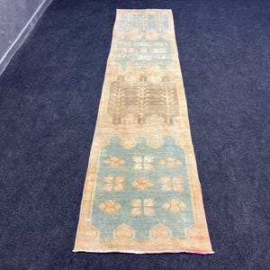 2x10 ft Runner rug, Vintage runner rug, Handmade runner rug, Hallway rug, Turkish runner rug, Blue and brown runner rug.