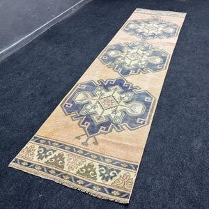 3x11 ft Runner rug, Vintage runner rug, Handmade runner rug, Hallway rug, Turkish runner rug, Beige and blue runner rug.
