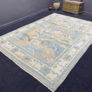 Oushak Rug 8x11, Gray Rug Turkish area rug, Handmade wool rug, Living room rug, Kitchen rug, Bedroom rug, Gray and beige Rug.