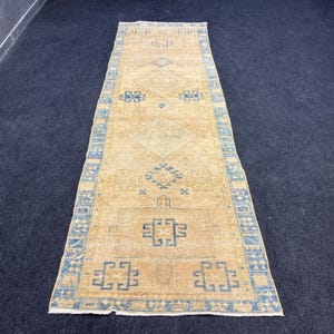 3x10 ft Runner rug, Vintage runner rug, Handmade runner rug, Hallway rug, Turkish runner rug, Beige and blue runner rug.