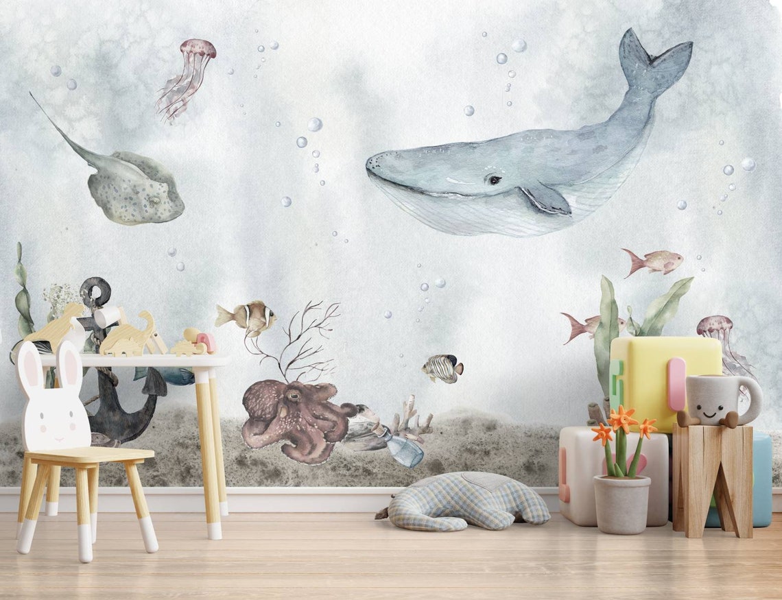 Ocean Nursery Wallpaper Underwater Wallpaper Watercolor - Etsy