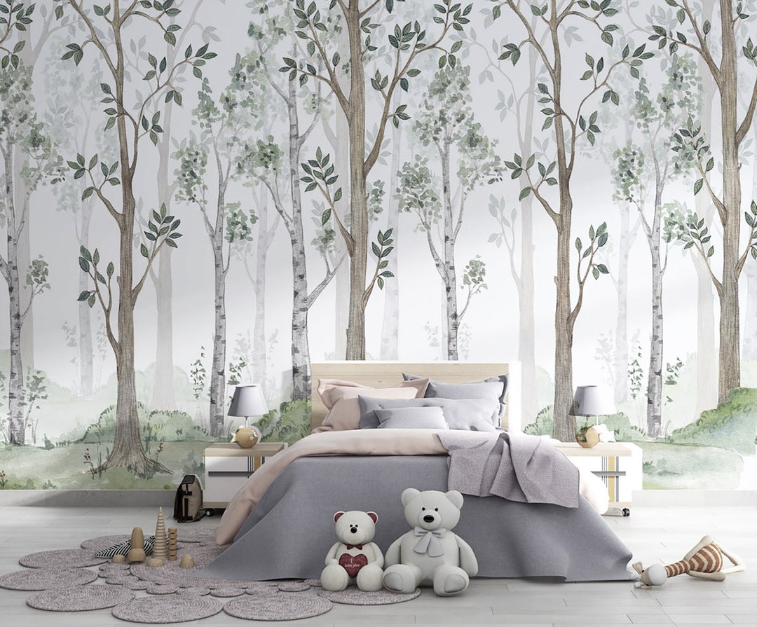 Forest Watercolor Trees Wallpaper Wall Mural for Kids Boys - Etsy