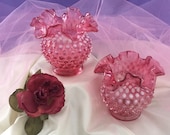 Two Fenton Cranberry Opalescent Hobnail Ruffled Vases. Four Inches in Height and Base is Two and One Quarter Inches.