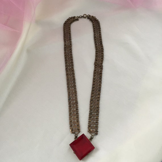 Art Deco Red Glass Framed in Brass Necklace from … - image 4