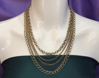Vintage Multi-Layered Gold Chain. Five-Tiered Chain Strands Statement Necklace. Hangs 7 and a Half Inches and Weighs 57 Grams.
