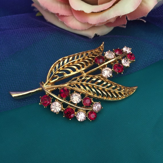 Coro Leaf and Floral Broach. Pink and Red Rhinest… - image 5