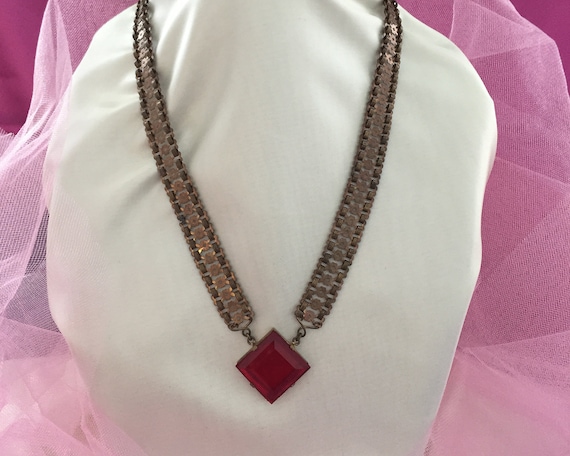 Art Deco Red Glass Framed in Brass Necklace from … - image 1