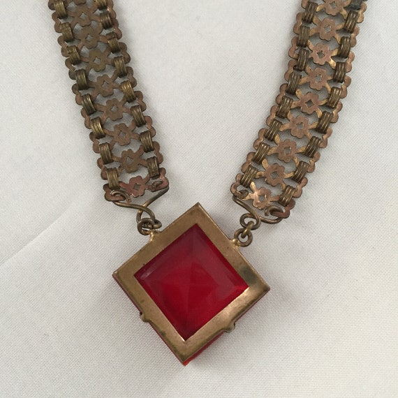 Art Deco Red Glass Framed in Brass Necklace from … - image 5