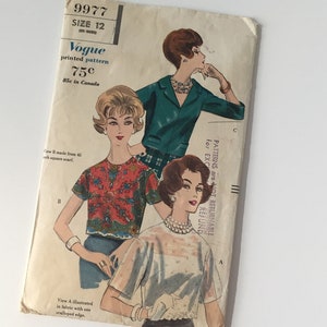 Vogue Blouse Pattern No. 9977. Copyrighted 1960. Size 12. Pre-Owned.