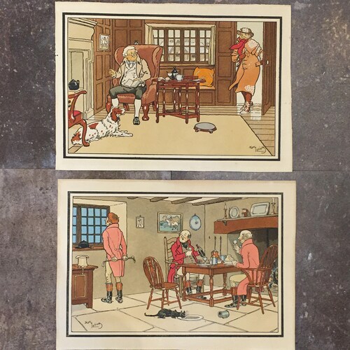 Harry Eliott Lithograph Prints Set in Antique Pine Frames. Early 19th Century. Two Victorian Style Scenes. In shops Fair Condition.