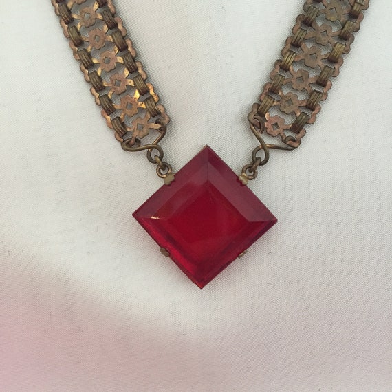 Art Deco Red Glass Framed in Brass Necklace from … - image 3