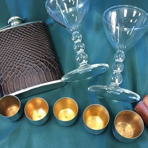Stainless Steel Flask, 6oz. with 2 Vintage Manhattan Glasses.  Plus five nesting stainless steel shot cups in leather case made in Germany.