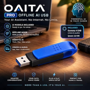 May include: A blue and black USB flash drive featuring a swivel cap with a textured grip. The device is labeled OAITA PRO OFFLINE AI USB and includes text highlighting features like AI models, offline mode, vision, audio, and data privacy.