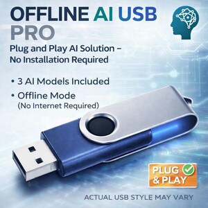 Könnte beinhalten: Ein blauer und silberner USB-Stick mit schwenkbarer Kappe. Der Text lautet: OFFLINE AI USB PRO, Plug and Play AI Solution – No Installation Required, 3 AI Models Included, Offline Mode (No Internet Required) und PLUG & PLAY. Das Design kann variieren.