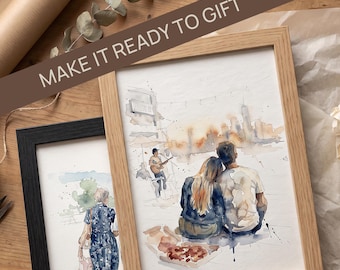 May include: Two framed watercolour prints. One print shows a couple sitting together with a pizza box, and the other shows a person walking in a blue floral dress. The text "MAKE IT READY TO GIFT" is overlaid across the top of the image.