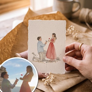 May include: A rectangular piece of textured paper featuring a watercolour illustration of a person kneeling to propose to another person. The kneeling figure wears a light blue shirt and tan trousers, while the standing figure wears a red dress.