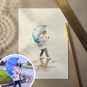 May include: A watercolour painting of a child walking in the rain with a clear umbrella and a light blue backpack, shown next to a 30 cm brass ruler and a paintbrush. A circular inset photo shows the original reference of the child in rain boots.