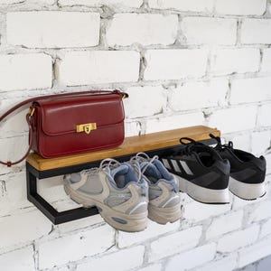Entryway metal wall mounting shoe shelf Industrial floating shoe rack Hallway shoe storage Modern black shoe stand Unique wooden shoe shelf