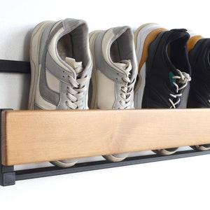 Hallway metal wall mounted shoe rack Industrial wood schuhregal Entryway shoe storage Unique open floating shelf Metal vertical shelves gift