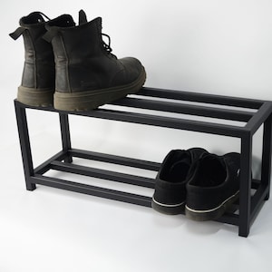 Hallway 2 tier metal shoe rack Entryway modern custom shoe organizer for housewaming gift Industrial shoe storage Black shoe furniture stand image 1