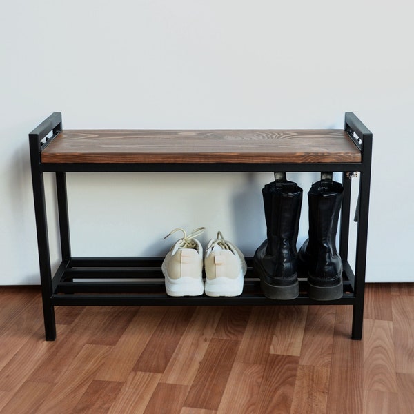 Industrial entryway metal shoe bench Modern hooks for umbrella Schuhregal metall schwarz Hallway unique storage furniture Double wood shelfs