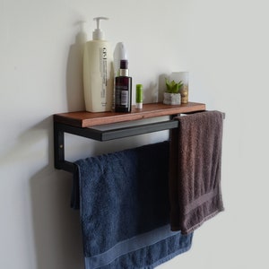 Wall mount towel holder rack Bathroom storage Industrial wooden tower rail Metal farmhouse bathroom wall decor Custom bathroom organizer