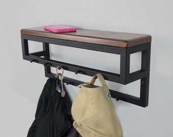 Metal Wall Mount Coat Rack with Wooden Shelf, Entryway Organizer