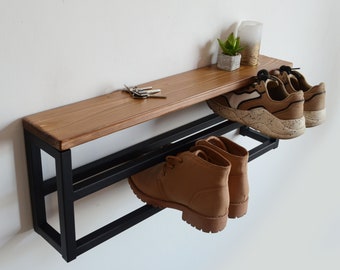 Wall Mount Shoe Rack: Rustic Wood & Metal Entryway Storage