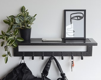 Industrial metal wall mount coat rack with hooks Unique floating coat hanger Hallway closet organizer Farmhouse wood open shelf with hooks