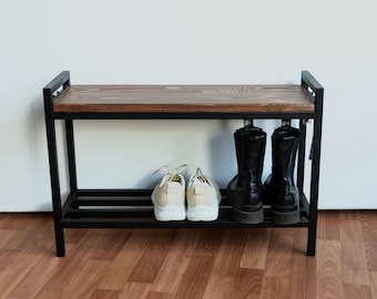 Industrial entryway metal shoe bench Modern hooks for umbrella Schuhregal metall schwarz Hallway unique storage furniture Double wood shelfs