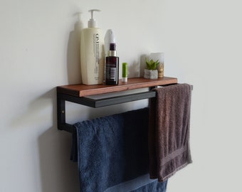 Wall mount towel holder rack Bathroom storage Industrial wooden tower rail Metal farmhouse bathroom wall decor Custom bathroom organizer