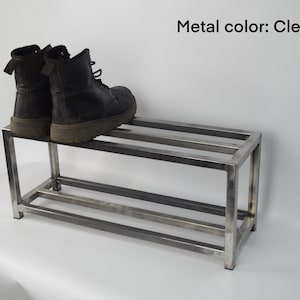 Entryway 2 tier metal shoe rack Black shoe stand Hallway 70s custom shoe organizer Industrial schuhregal metall for home gift Boot furniture zdjęcie 1