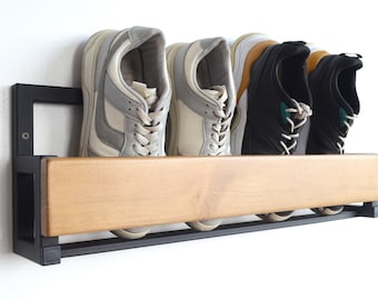 Hallway metal wall mounted shoe rack Industrial wood schuhregal Entryway shoe storage Unique open floating shelf Metal vertical shelves gift