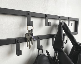 Metal entryway wall mount organizer Modern floating shelf with hooks Industrial custom hallway closet rack Black handcrafted towel rail gift