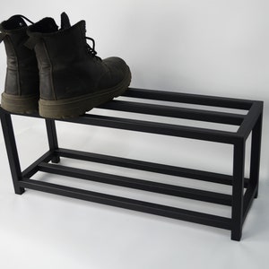 Hallway 2 tier metal shoe rack Entryway modern custom shoe organizer for housewaming gift Industrial shoe storage Handmade black shoe stand zdjęcie 5