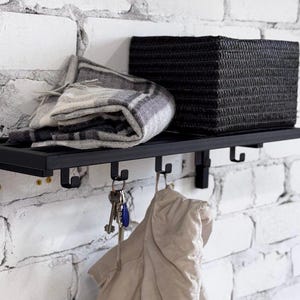 Metal wall mount shelf with hooks Entryway coat rack Hallway clothing storage Industrial bathroom shelf Unique towel rail Farmhouse gifts