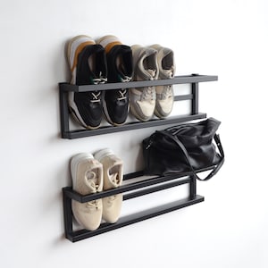 Estante de zapatos de metal para montaje en pared de entrada Organizador de zapatos de pasillo industrial Único schuhregal abierto Almacenamiento de zapatos personalizado de 2 juegos Estante de metal flotante imagen 6