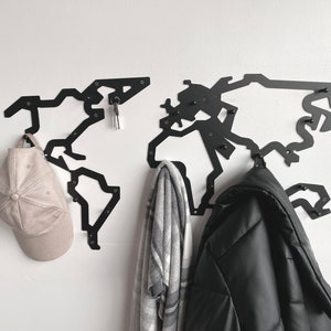 Metal wall map hanger for clothes Industrial home decor Entryway shelf with hooks Unique hanging world map Custom wall mont coat rack gifts image 1